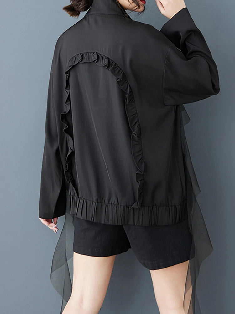 XITAO Gauze Contrast Color Ruffles Zipper Jacket Stand Collar Patchwork Loose Long Sleeve Temperament Casual Coat GYX1510