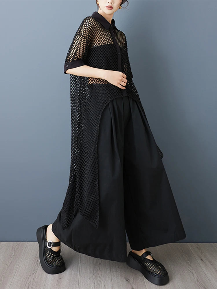 XITAO Irregular Hollow Out Dress Mesh Turn-down Collar Single Breasted Loose Casual Solid Color Summer Woman Dress ZMY1254