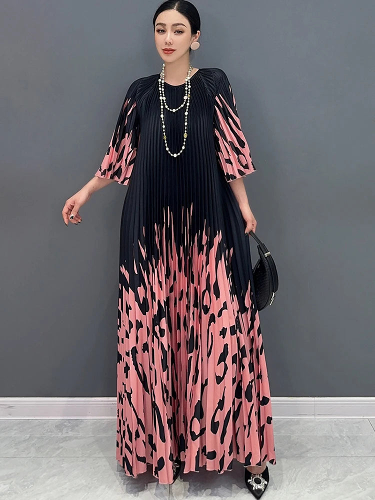 XITAO Print Pleated O-neck Three Quarter Sleeve Dress Elegant Temperament Loose Fashion Summer New Goddess Fan Dress LYD1881