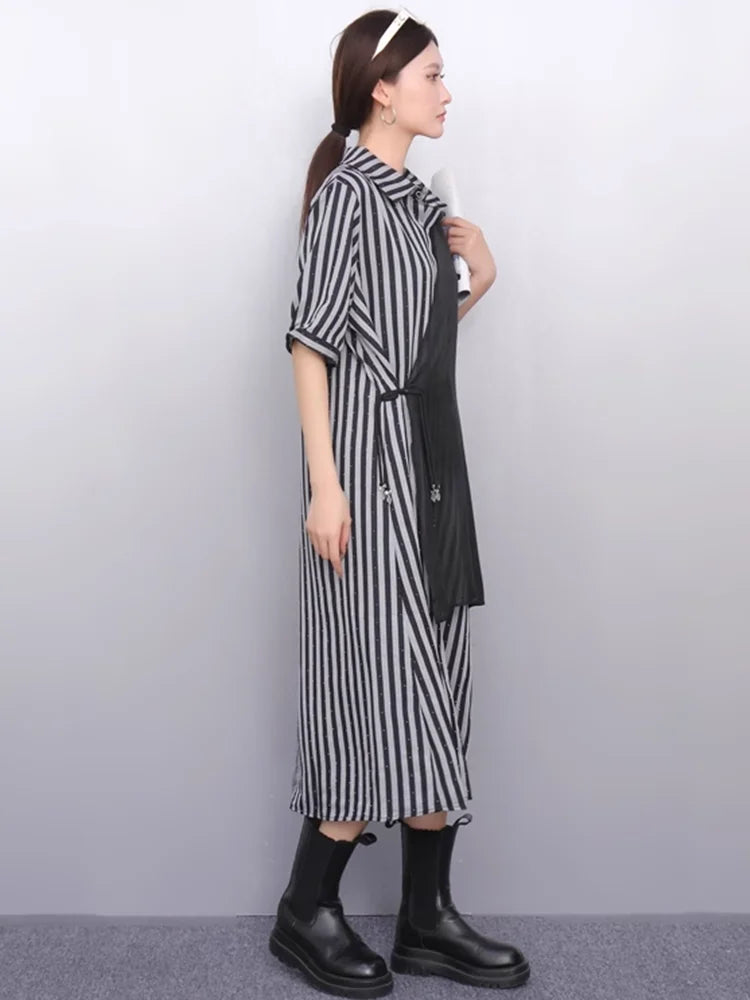 XITAO Irregular Contrast Color Dress Patchwork Striped Short Sleeve Turn-down Collar Temperament Summer Woman Dress ZMY1277