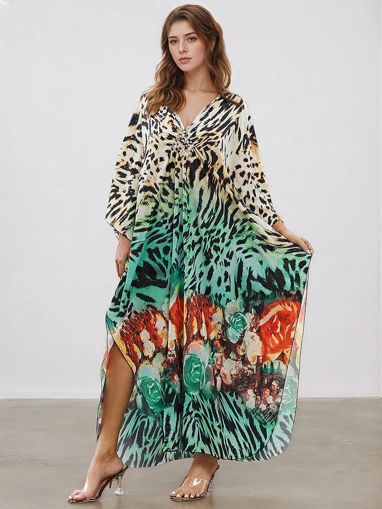 XITAO Leopard V-neck Vintage Dress Print Side Slit New Arrival Bat Wing Sleeve Loose Casual Pullover Summer Woman Dress GJ1179
