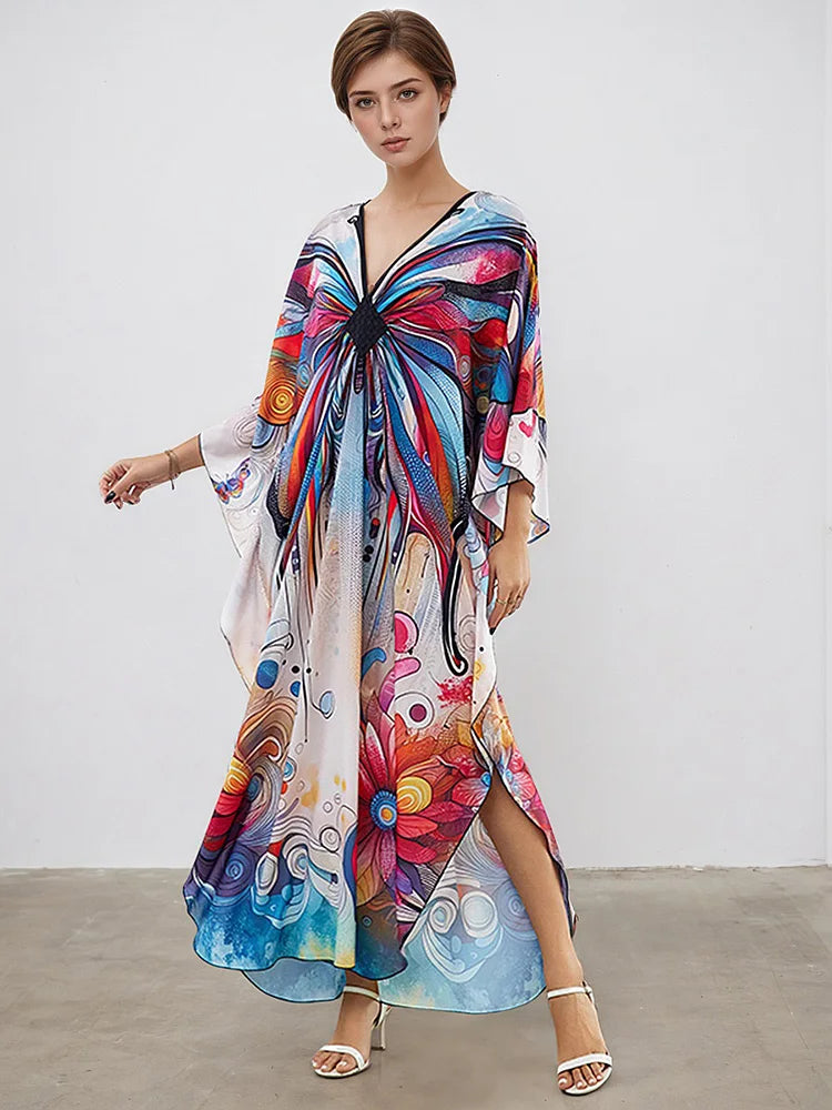 XITAO V-neck Ankle-length Dress New Arrival Contrast Color Butterfly Print Side Slit Bat Wing Sleeve Summer Woman Dress GJ1169