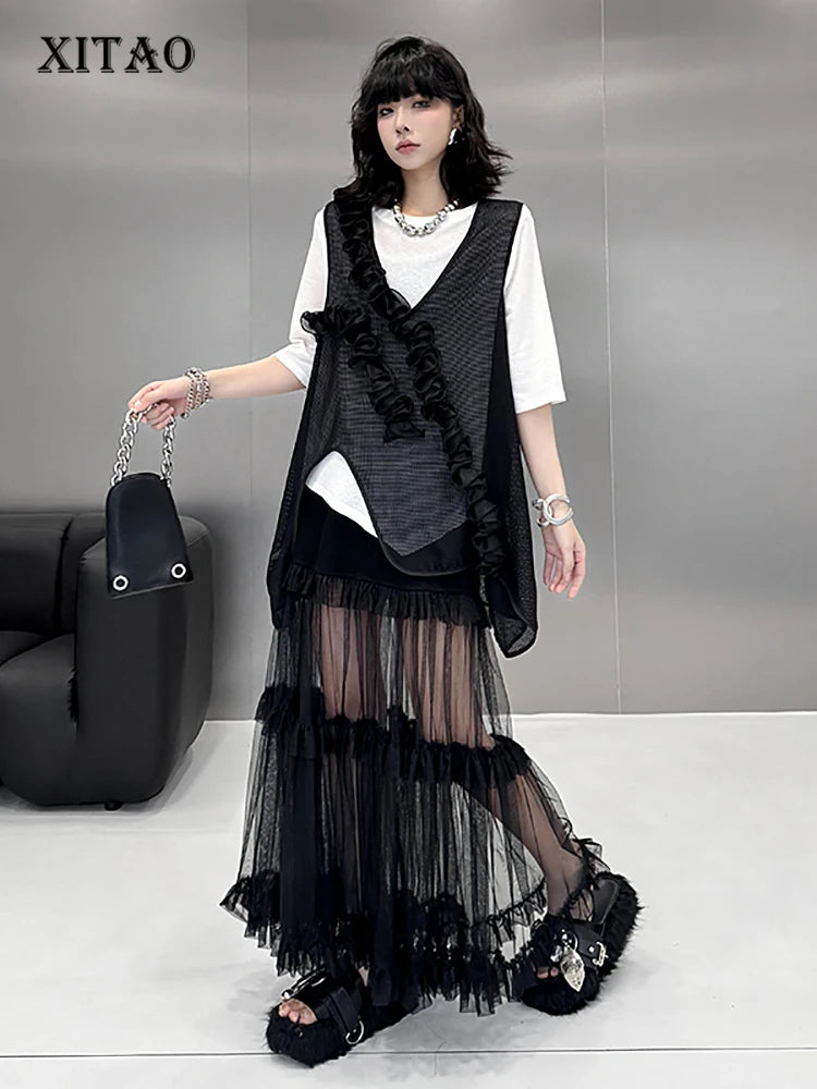 XITAO Three-dimensional Decoration Patchwork Vest Solid Color Asymmetrical V-neck Loose Pullover Temperament Top ZMY1179