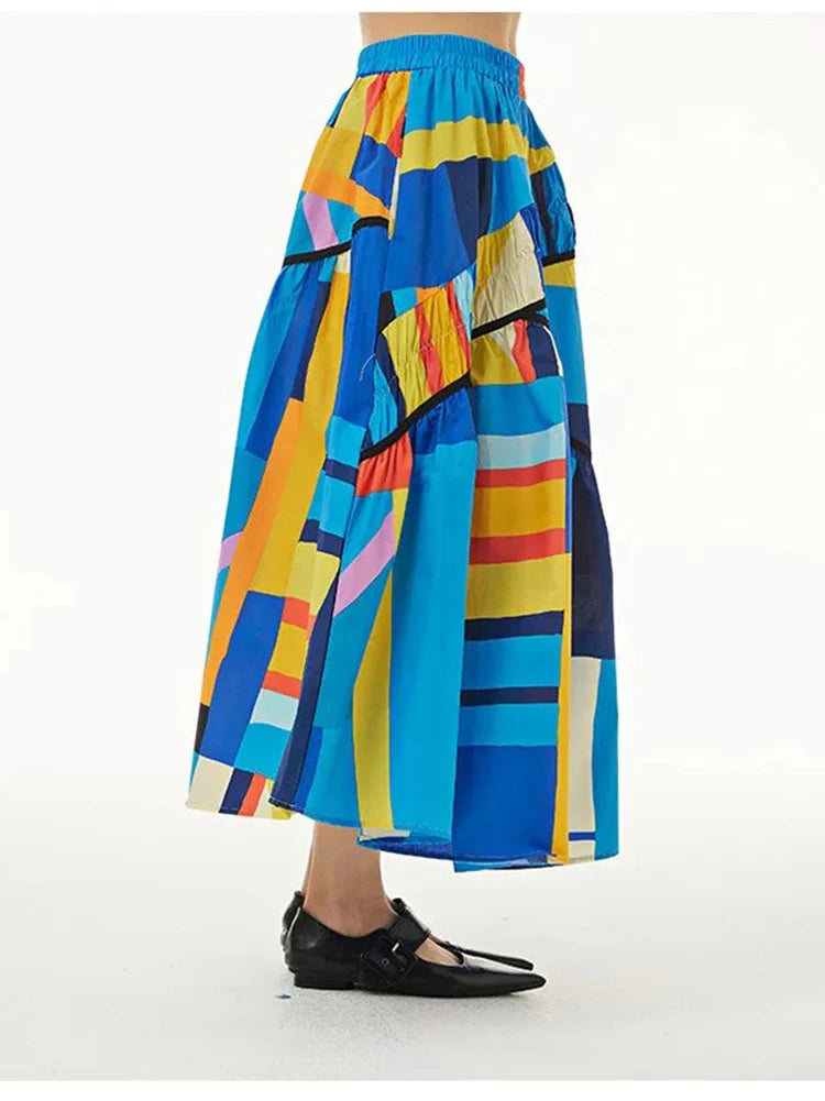 XITAO Striped Print Pattern Skirt Fashion Elastic Waist Goddess Fan Casual Style Minority 2024 Summer Skirt WMD5493