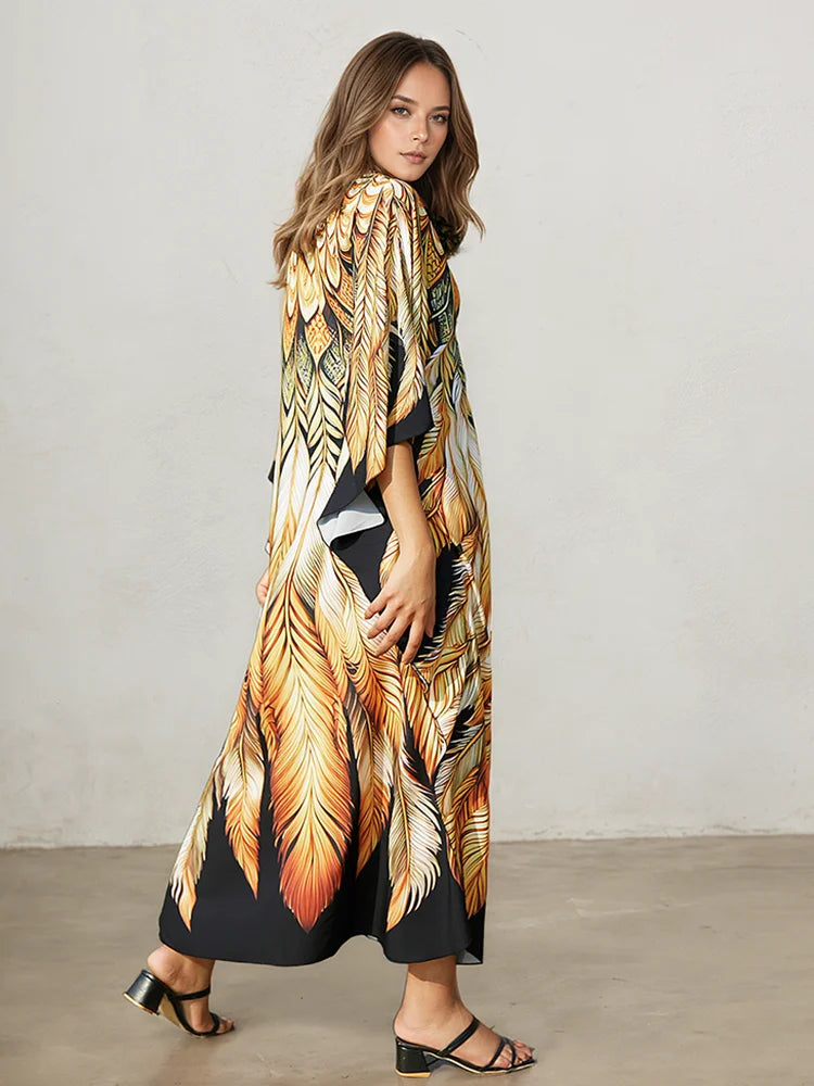 XITAO V-neck Side Slit A-line Dress Bat Wing Sleeve Loose Print Slimming All-match Pullover Elegant Summer Woman Dress GJ1199