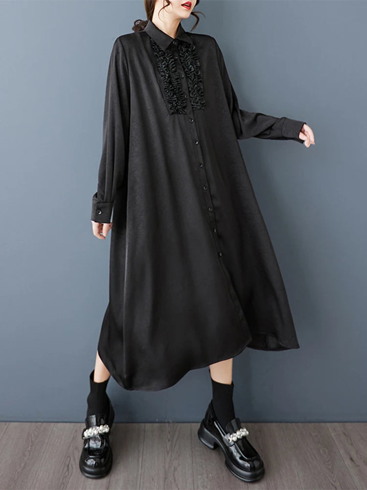 XITAO Loose Vintage Patchwork Shirt Dress Casual Solid Color All-match Single Breasted Women Long Sleeve A-line Dress GYX1562