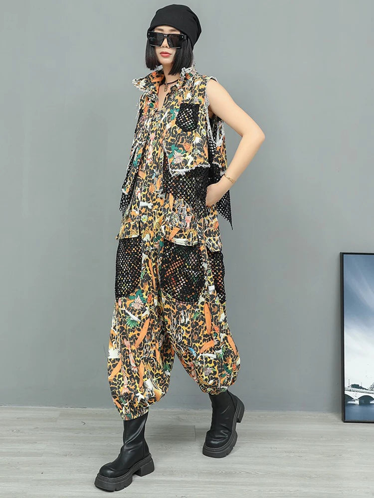 XITAO Patchwork Mesh Pocket Lapel Two Piece Jumpsuit Women Casual Loose Fitting Sleeveless Top Personality Summer GYX1611