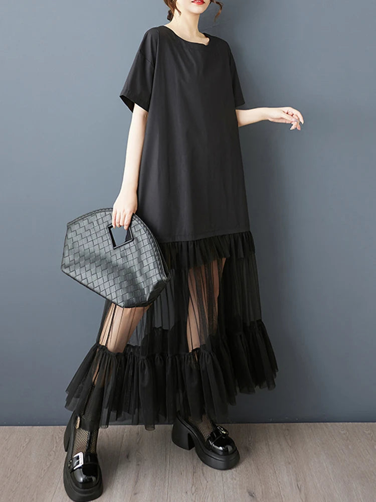 XITAO Patchwork Gauze Pleated Female Dress Loose O-neck Casual Short Sleeve Simple Slimming All-match Summer Woman Dress ZMY1287