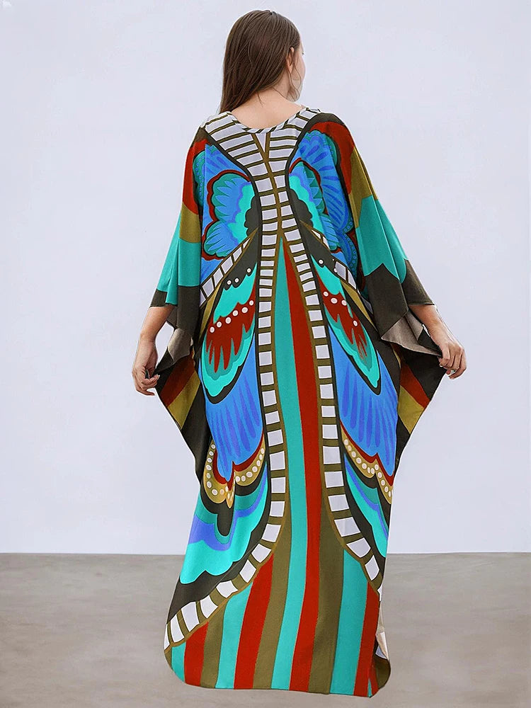 XITAO Butterfly Print V-neck Loose Dress Contrast Bat Wing Sleeve Casual Temperament Summer Woman Ankle-length Dress GJ1153
