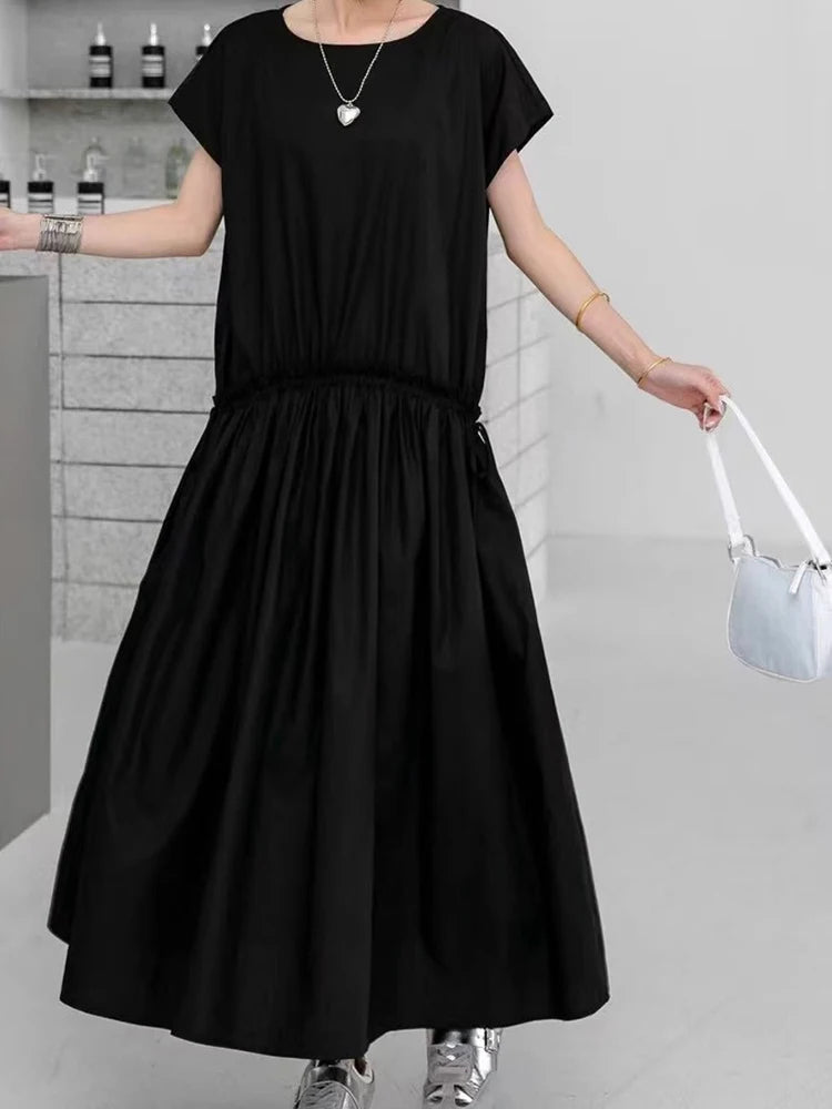 XITAO Pleated O-neck Edible Tree Fungus Female Dress Drawstring Solid Color Loose Fitting A-line Summer Women Dress ZMY1330