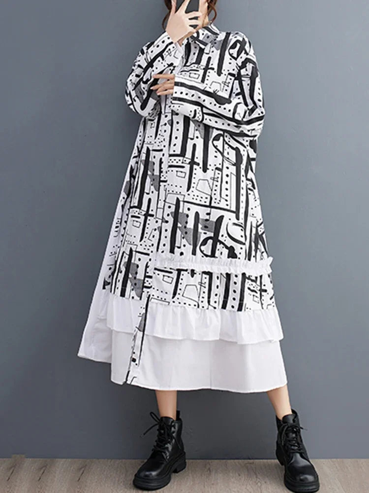 XITAO Irregular Print Shirt Dress Fashion Edible Tree Fungus Patchwork Women spring summer New Arrival Loose Dress CX1028