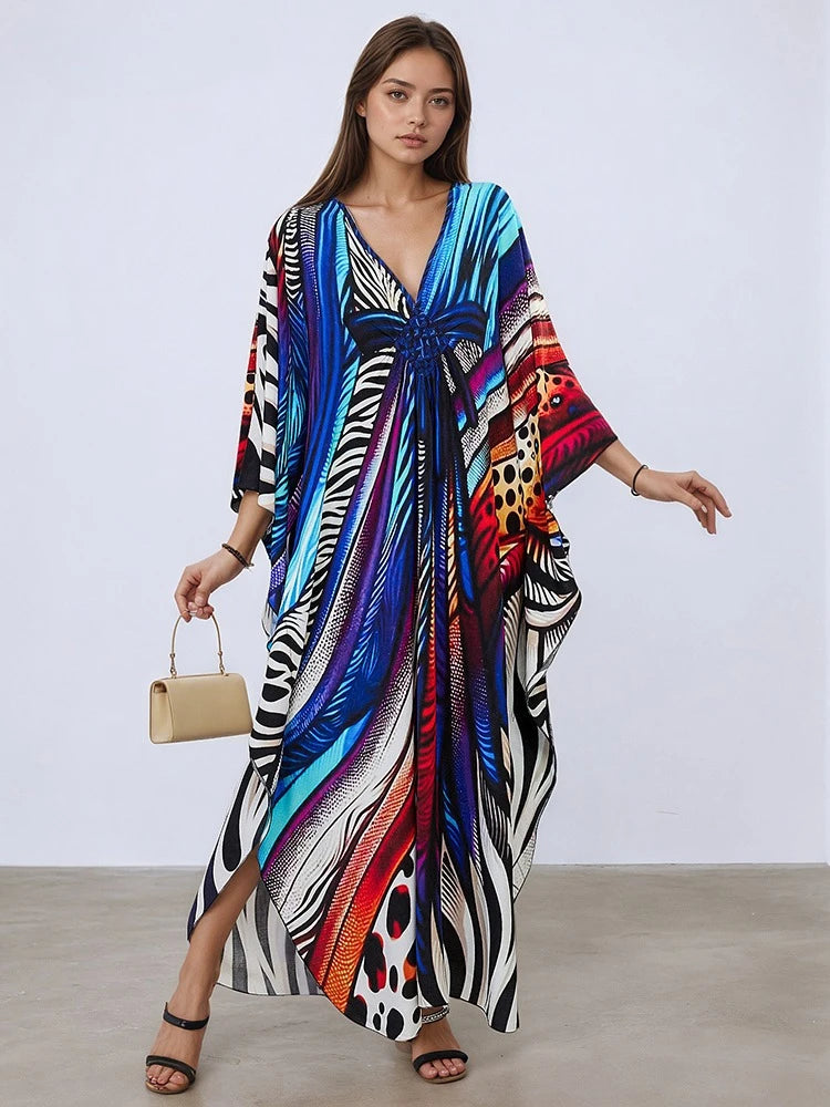 XITAO Contrast Color Print Batwing Sleeve Female Dress Pullover V-neck Loose Slim Temperament Summer Women Casual Dress GJ1145