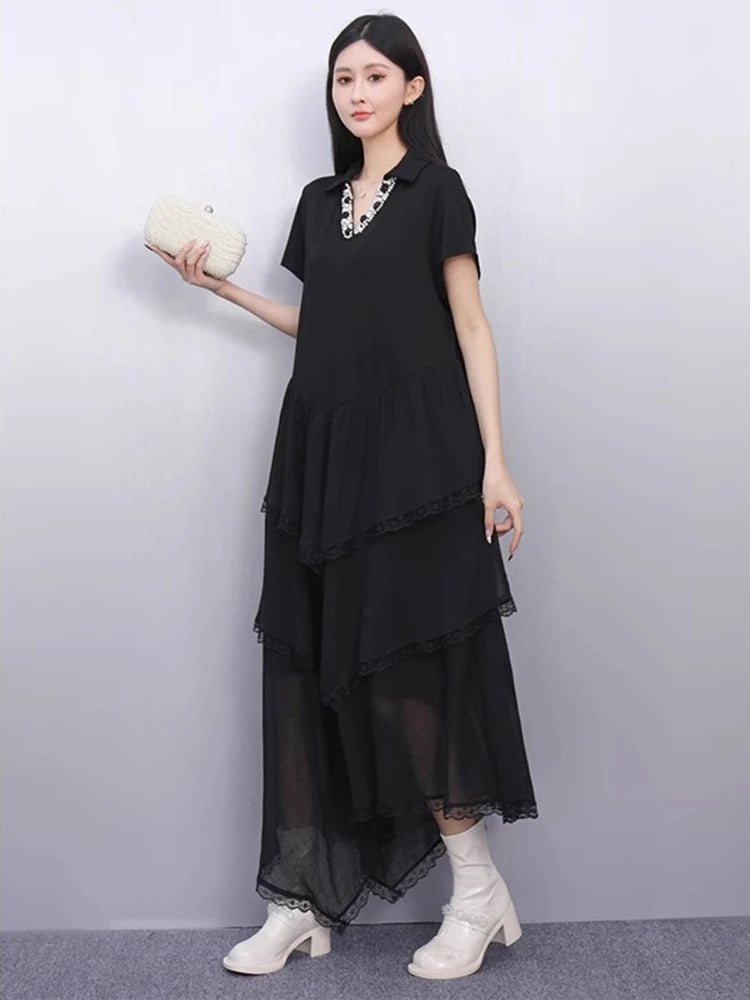 XITAO Irregular Patchwork Short Sleeve Dress V-neck Casual Loose Fitting A-line Elegant Comfortable Pullover Women Dress ZMY1340