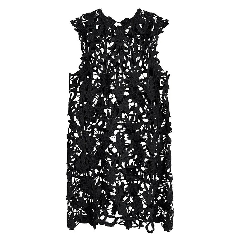 XITAO Hollow Out O-neck Sleeveless Dress Casual Solid Color French Style A-line Vintage Lace New Summer Female Dress GYX1553