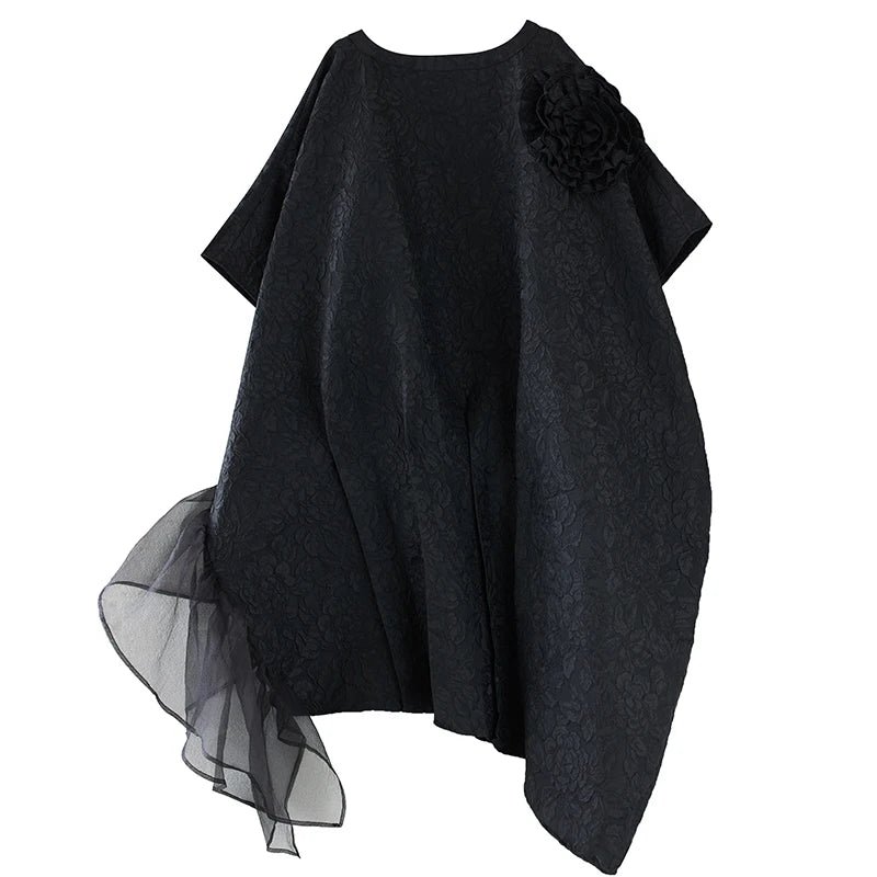 XITAO Gauze Patchwork Batwing Sleeve Dresses Asymmetrical Solid Color Three-dimensional Decoration Loose Dress Spring DMJ3845
