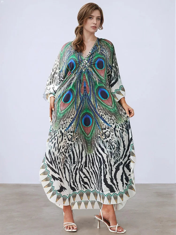 XITAO Female Print Ankle-length Dress Loose Bat Wing Sleeve Contrast Color Fashion Personality V-neck Summer Woman Dress GJ1163