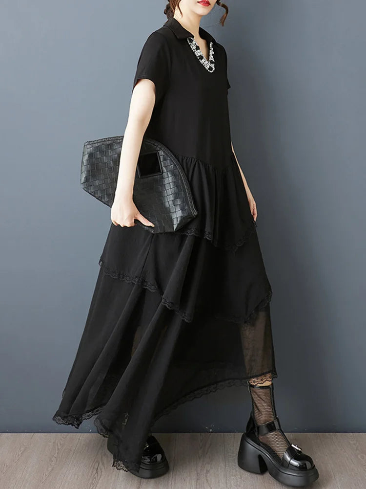 XITAO Asymmetrical Lace Patchwork Dress Embroidered Flares V-neck Short Sleeve Temperament Elegant Summer Woman Dress ZMY1317