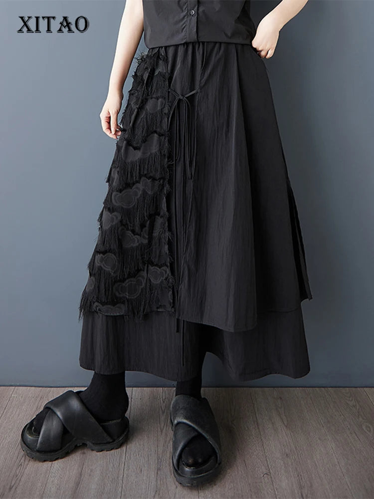 XITAO Gauze Patchwork Bandage Solid Color Skirt Pocket Elastic Waist Loose A-line Mid-calf Temperament Casual Skirt HQQ2463