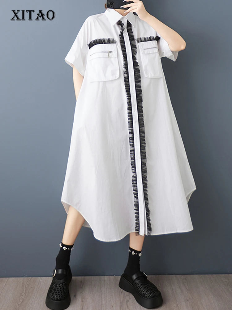 XITAO Zipper Pocket Patchwork Gauze Dress Contrast Color Turn-down Collar Short Sleeve Temperament Female Shirt Dress ZMY1354