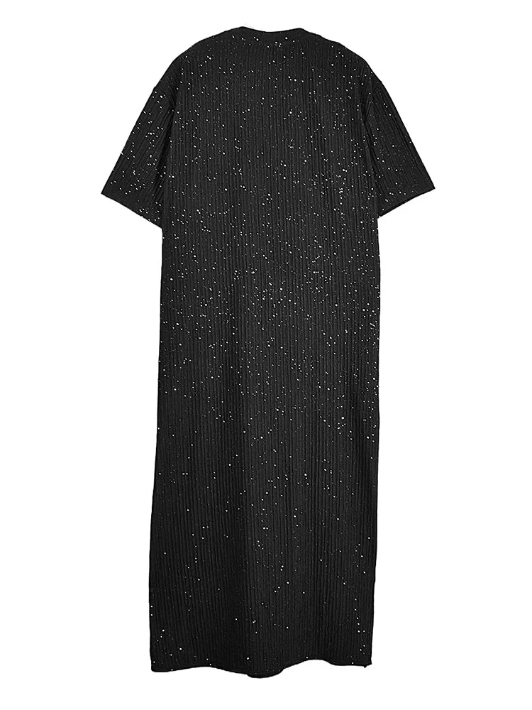 XITAO Vintage Asymmetric O-neck Dress Fashion Bead Patchwork Women Summer Solid Color Slimming Temperament Dress HQQ2481