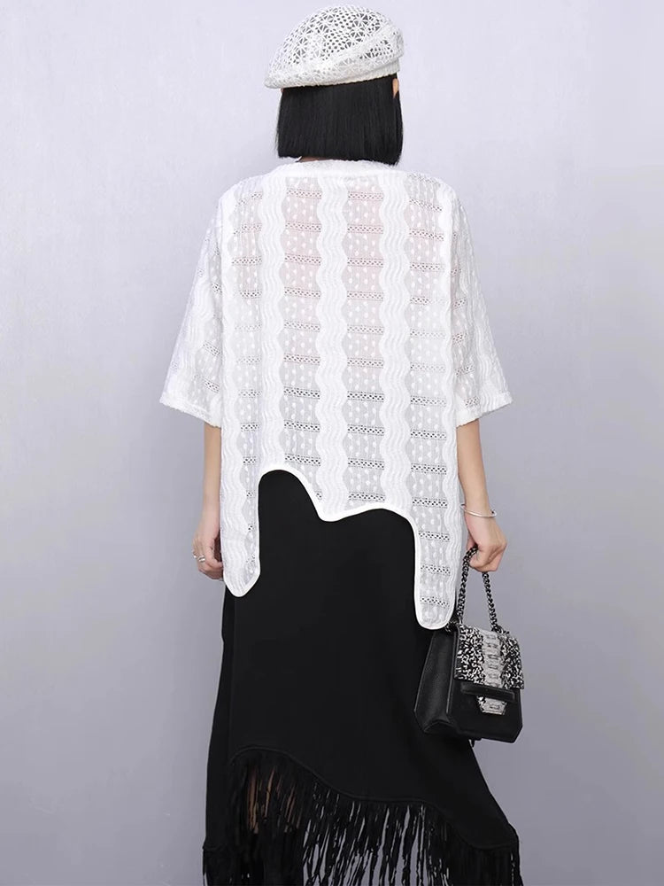 XITAO Irregular Hollow Out Embroidery T-shirt O-neck Half Sleeve Loose Temperament All-match Summer Woman T-shirt HQQ2488