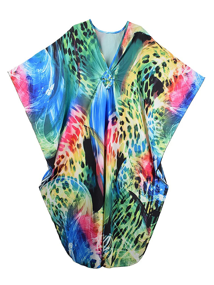XITAO Female Contrast Color Female Dress Leopard Print V-neck Bat Wing Sleeve Vintage Personality Summer Woman Dress GJ1181