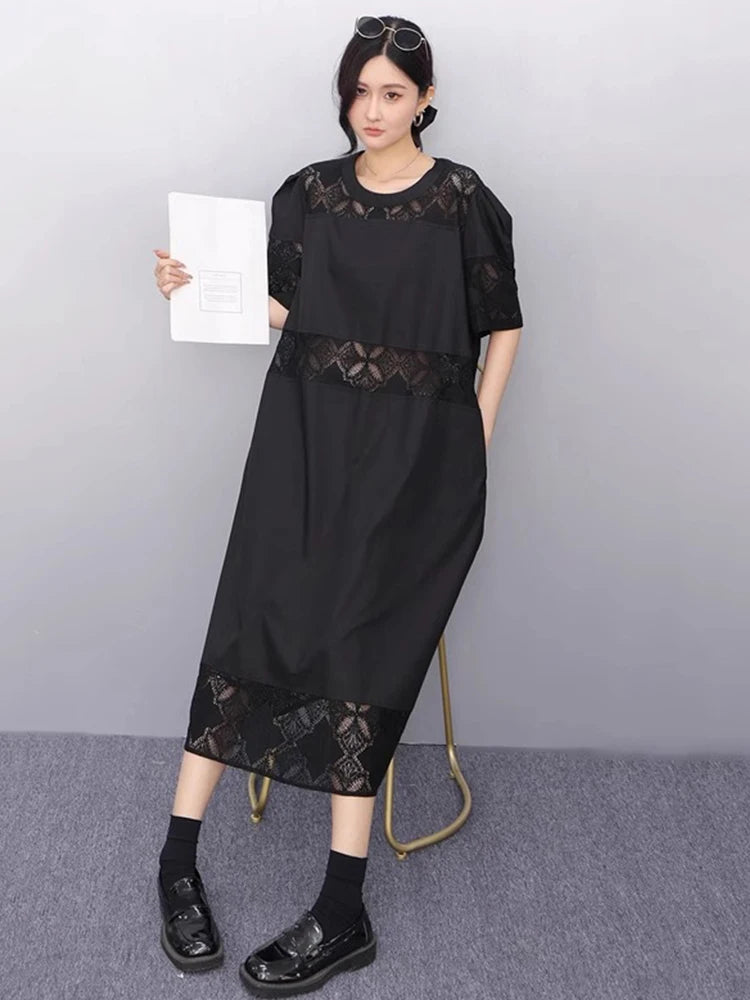 XITAO Hollow Out Patchwork Dress Loose Solid Color Elegant A-line Women Summer Temperament O-neck Short Sleeve Dress ZMY1155