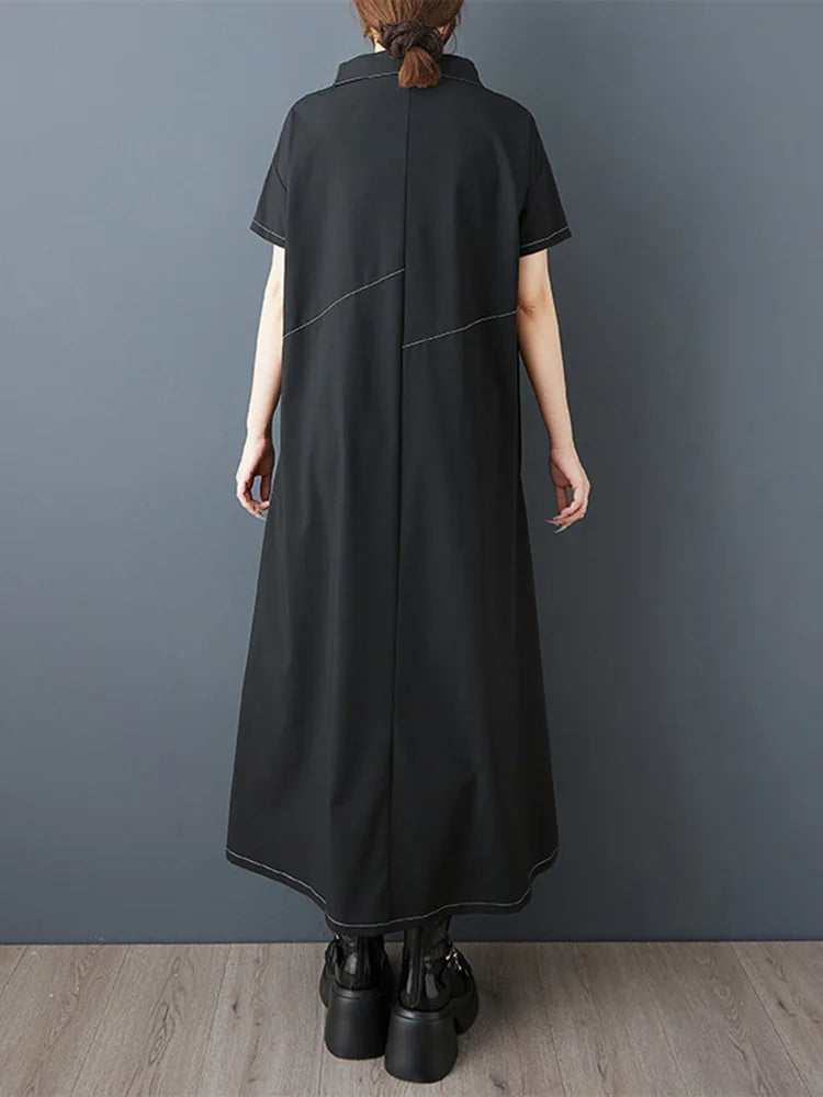 XITAO Solid Color Asymmetrical Vintage Dress Short Sleeve Single Breasted Personality Loose Slimming Summer Woman Dress ZMY1316