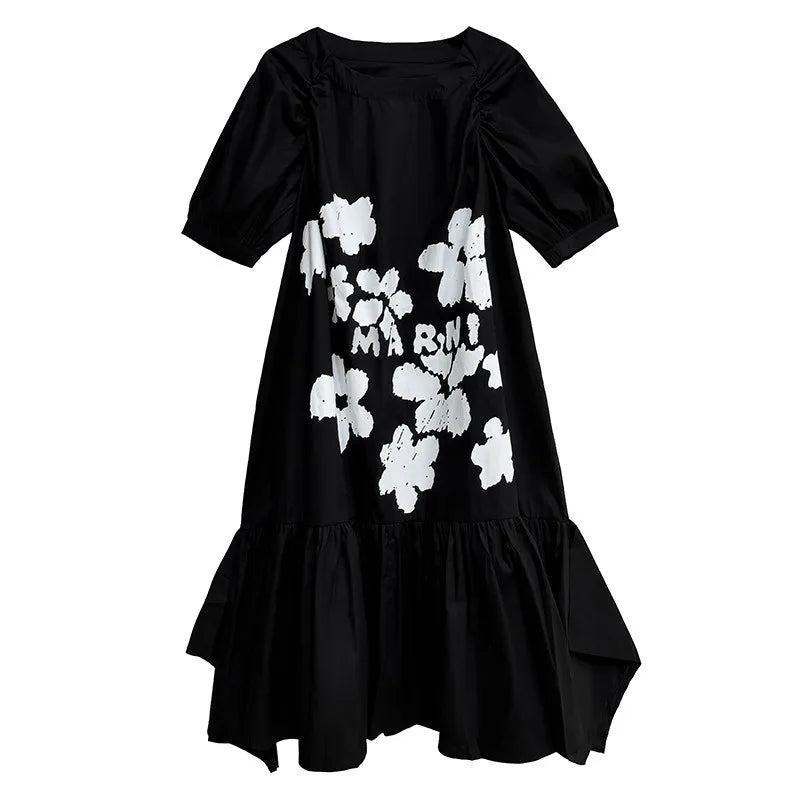 XITAO Ruffles Flower A-line Dress Puff Sleeve Casual Loose Fitting Vintage New Chinese Style Slimming Summer Women Dress ZY8933