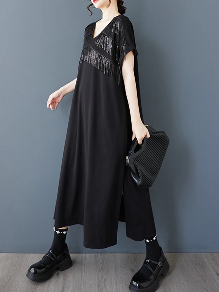 XITAO Tassel Patchwork V-neck Pullover Dress Solid Color Short Sleeve Pocket Side Split Temperament Slimming Women Dress ZMY1350