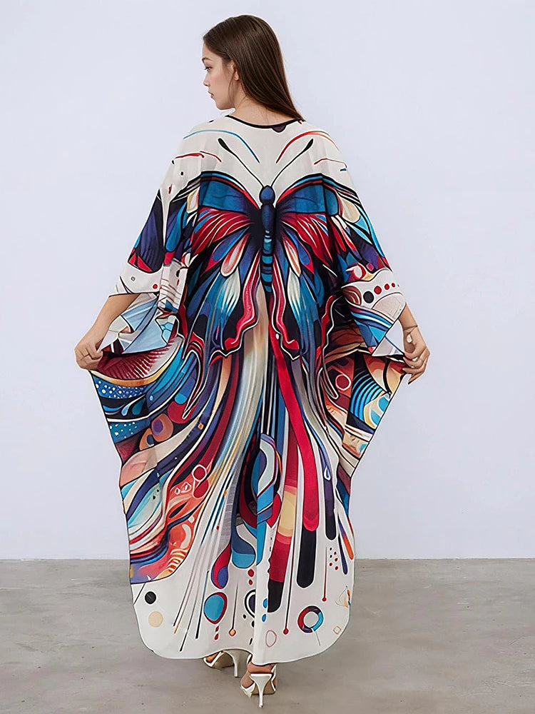 XITAO Butterfly Print V-neck Dress Bat Wing Sleeve Pullovers Side Slit Casual Vintage Ankle-length Summer Woman Dress GJ1168
