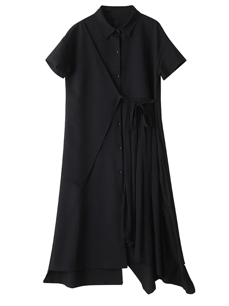 XITAO Irregular Solid Color Pleated Dress Drawstring Turn-down Collar Short Sleeve Slimming All-match Temperament Dress ZY8943