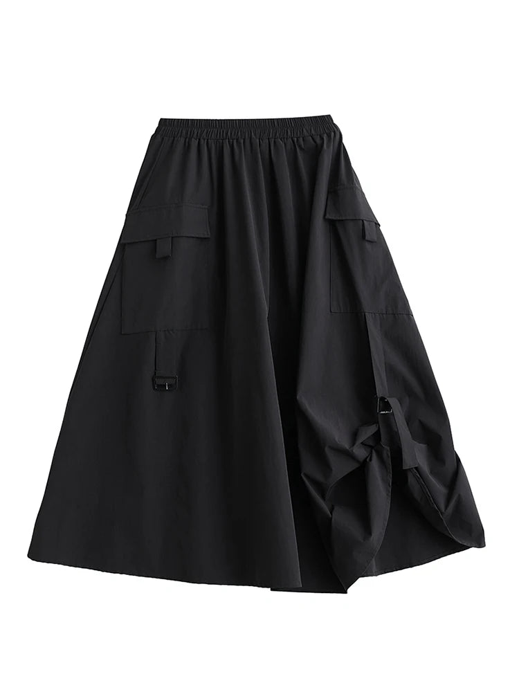 XITAO Pocket Patchwork Asymmetrical Skirts Solid Color Elastic Waist A-line Loose Mid-calf All Match Skirts 2024 Autumn DMJ5020