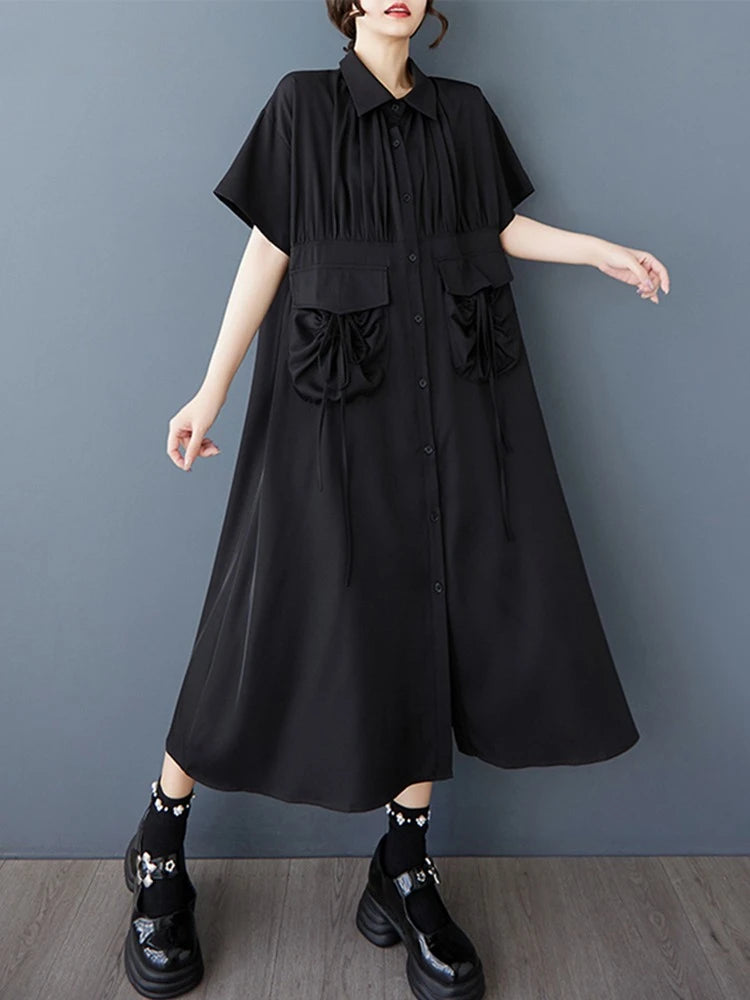 XITAO Pleated Single Breasted Pocket Dress Casual Solid Color A-line New Fashion Short Sleeve Summer Female Dress ZMY1146