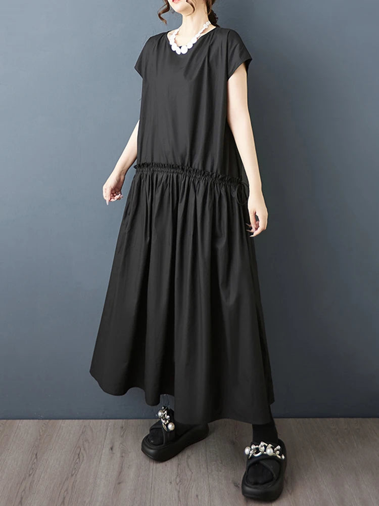 XITAO Pleated Drawstring Loose Dress Edible Tree Fungus Solid Color O-neck Casual Slimming All-match Summer Woman Dress ZMY1310