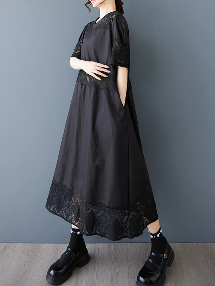 XITAO Hollow Out Patchwork Lace Dress Casual O-neck A-line Short Sleeve A-line New Arrival Fashion Summer Women Dress HQQ2472