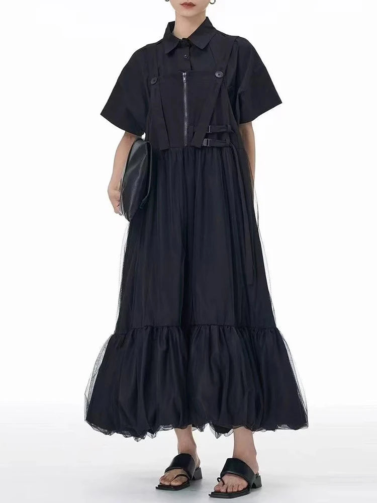 XITAO Button Gauze Patchwork Dress Solid Color Spaghetti Strap Square Collar Temperament Slimming Summer Woman Dress HQQ2495