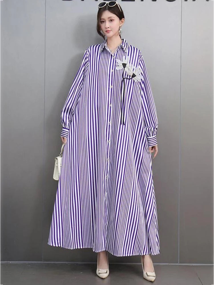 XITAO Stripe Single Breasted Flower Dress Casual Full Sleeve Turn-down Collar Loose Fitting Leisure Spring Female Dress GYX1524