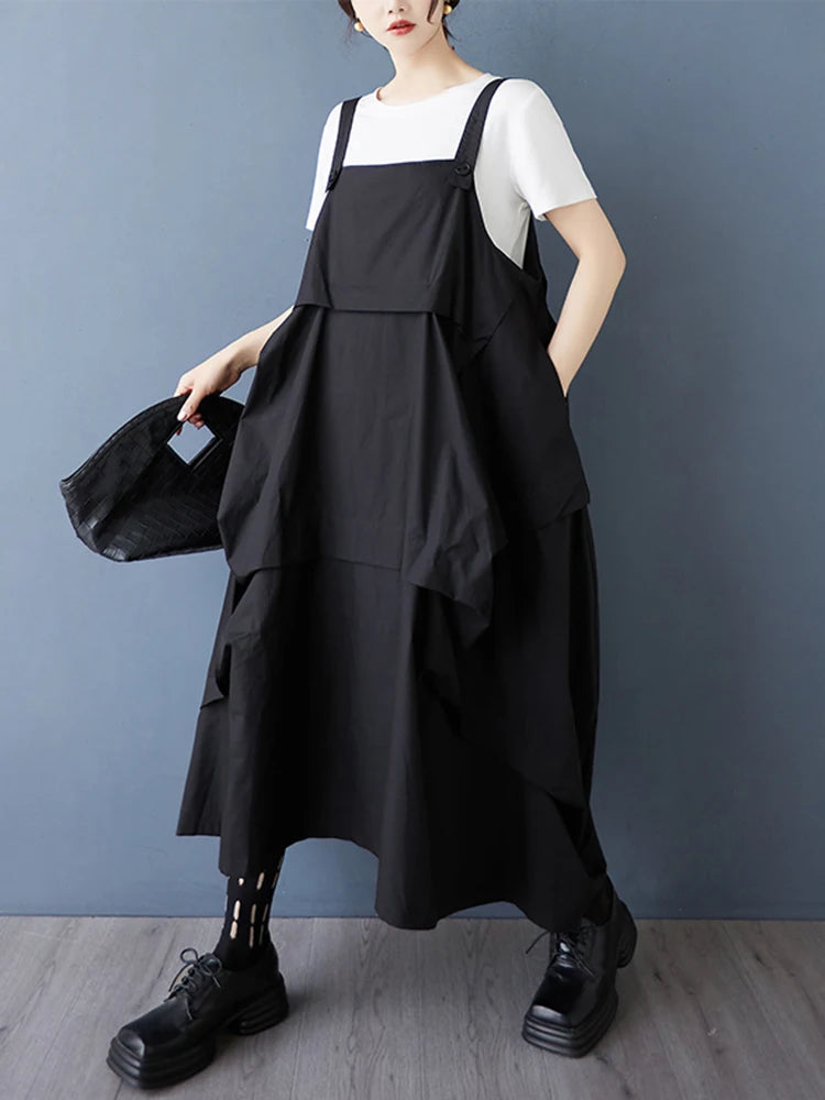 XITAO Irregular Folds Women Dress Loose Slimming A-line Women Summer Sleeveless Solid Color Temperament Trend Dress ZMY1211