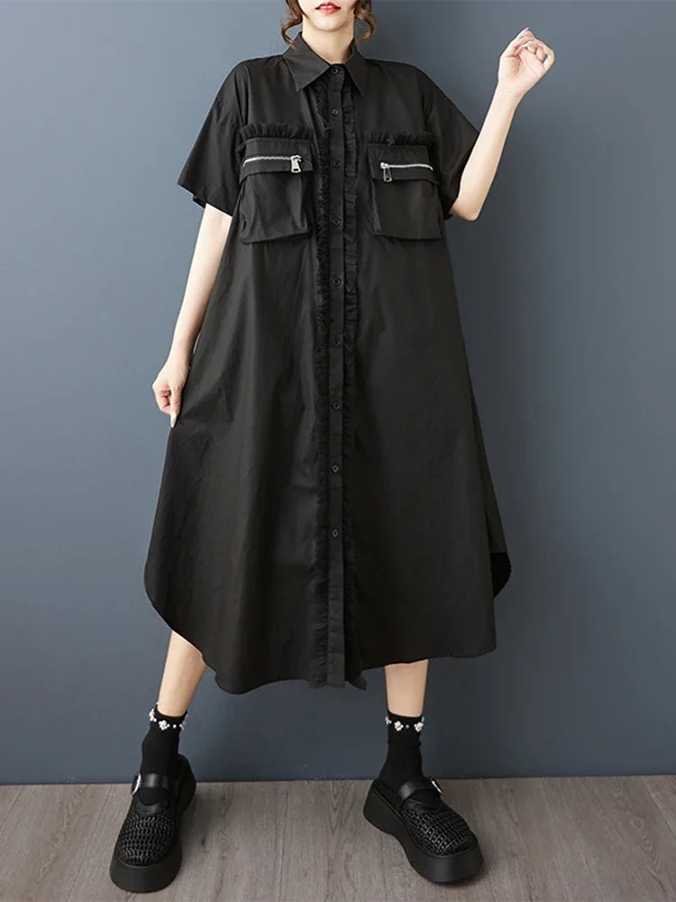 XITAO Zipper Pocket Patchwork Gauze Dress Contrast Color Turn-down Collar Short Sleeve Temperament Female Shirt Dress ZMY1354
