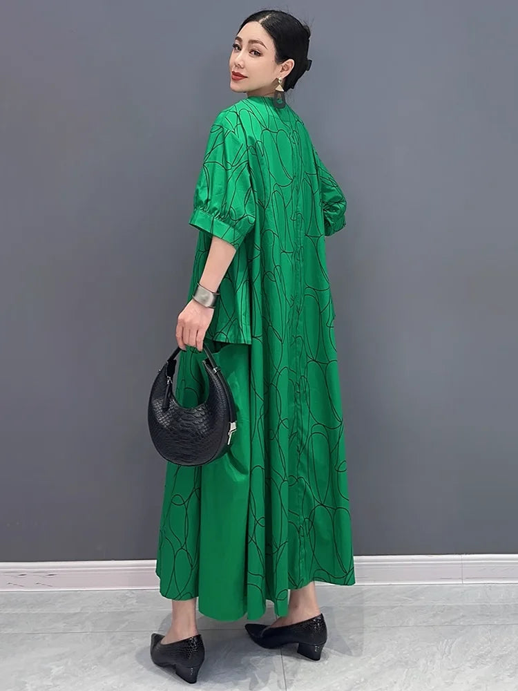 XITAO Loose Print Patchwork V-neck Green Dress Casual Fashion Temperament Pocket Women Simple Elegant Big Hem Dress GYX1581