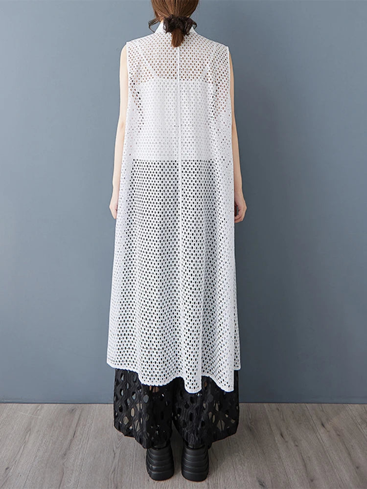 XITAO Mesh Patchwork Asymmetrical Perspective Dress Solid Color Turn-down Collar Single Breasted Sleeveless Casual Dress GYX1561