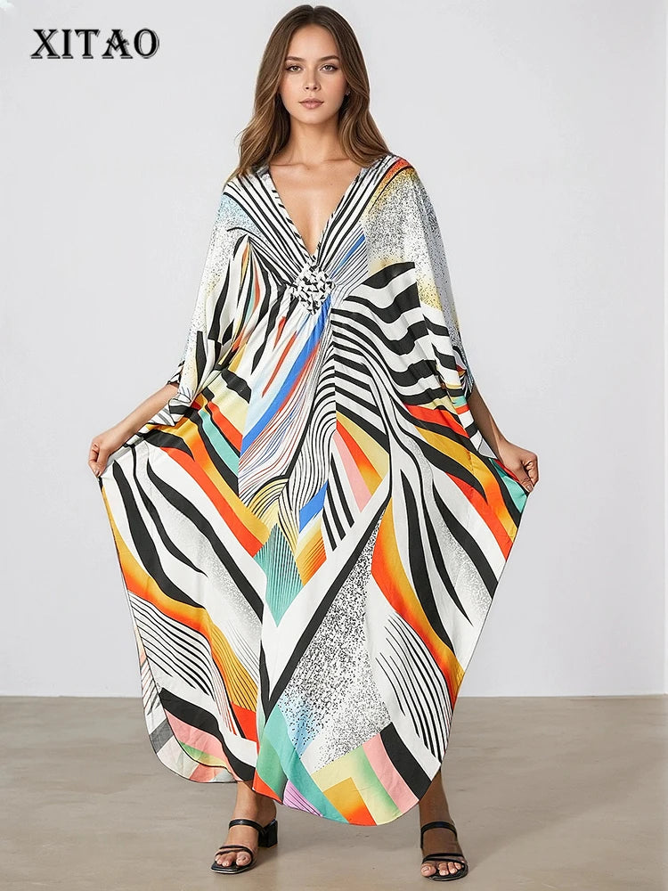 XITAO Batwing Sleeve Print Striped Dress Ankle-length Pullover V-neck Side Slit Slimming Summer Woman Loose Fashion Dress GJ1185