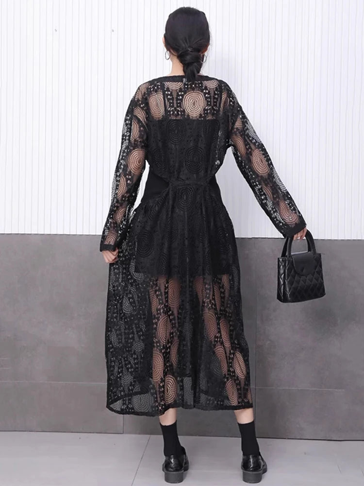 XITAO Loose Drawstring Hollow Out Dress Casual Long Sleeve Embroidery Trend Women Simple Temperament Elegant Dress HQQ2451