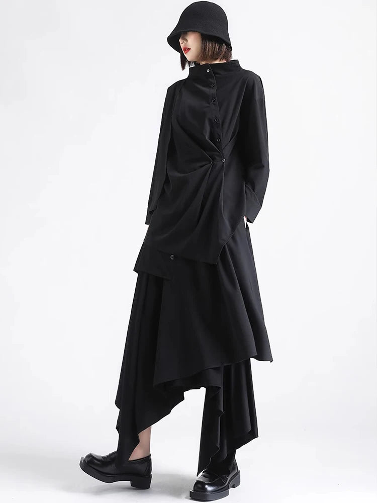 XITAO Single Breasted Half High Collar Shirt Asymmetrical Patchwork Solid Color Long Sleeve Folds Pullover Loose Tops HQQ2500