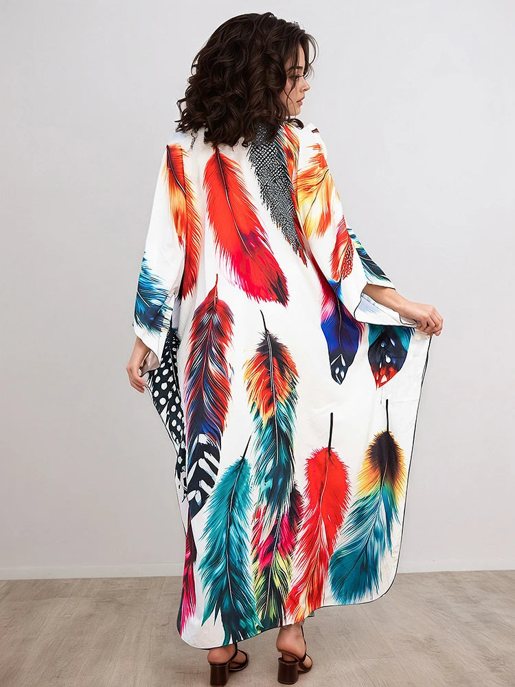 XITAO Contrast Color Printing Cartoon Women Dress Beach Thin Comfortable Bat Sleeve V-neck Pullover Fashion Casual Dress GJ1207