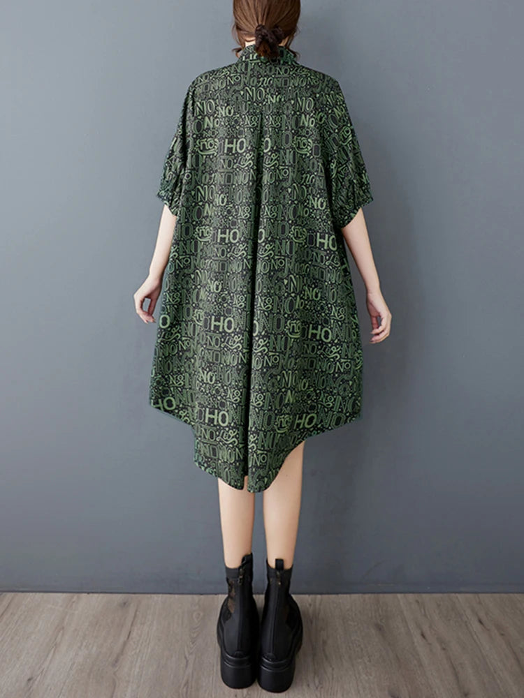 XITAO Letter Print Pocket Patchwork Dress Short Sleeve Turn-down Collar Single Breasted Pullover Loose Slim Shirt Dress ZMY1151