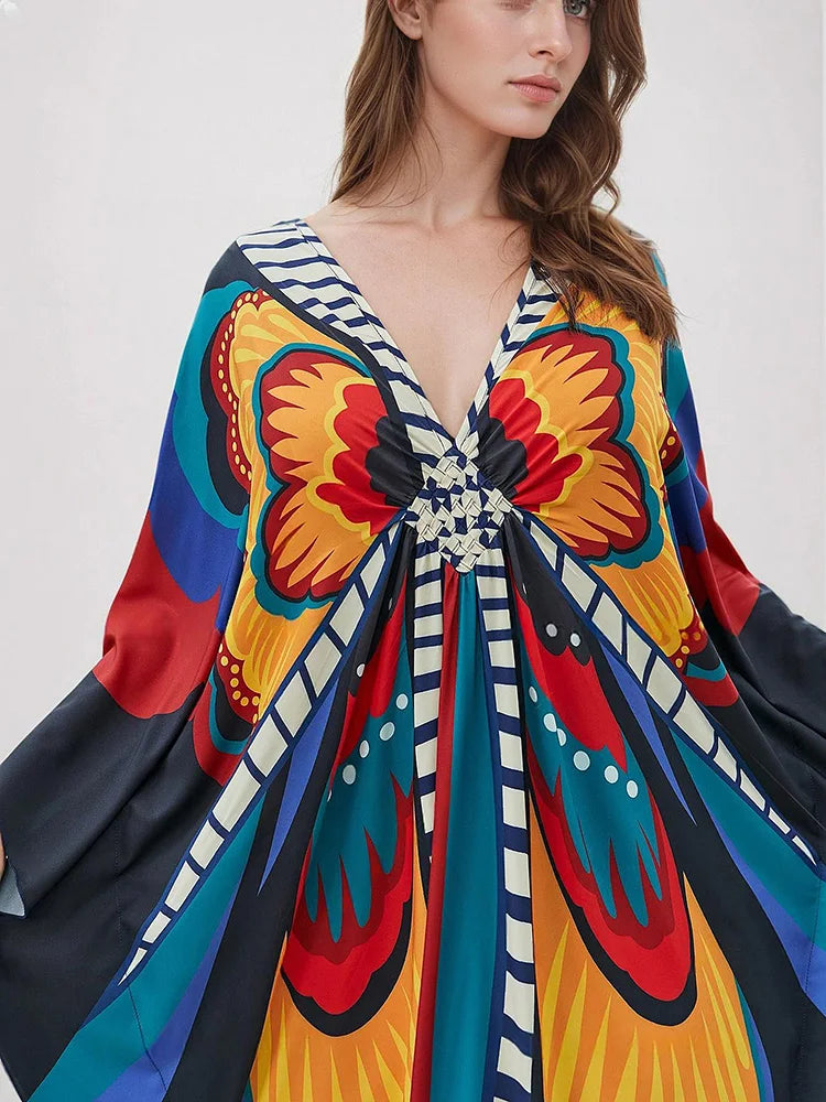XITAO Pullover V-neck Loose Dress Butterfly Print Side Slit Bat Wing Sleeve Personality Loose Casual Summer Woman Dress GJ1154