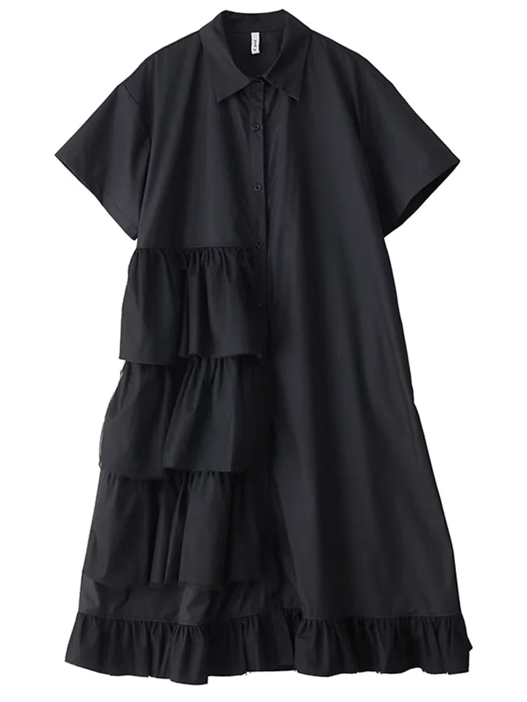 XITAO Patchwork Mesh Turn-down Collar Dress Single Breasted Pleated Short Sleeve Solid Color Fashion Summer Women Dress ZMY1200