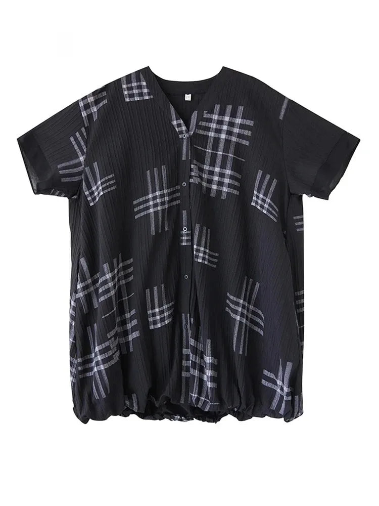 XITAO Striped Print Patchwork Contrast Color Loose Dress V-neck Short Sleeve Loose Vintage Knee-length Shirt Dress ZMY1172